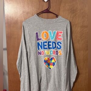 Love Needs No Words Autism Awareness Long Sleeve Shirt Gray Size L Puzzle Heart